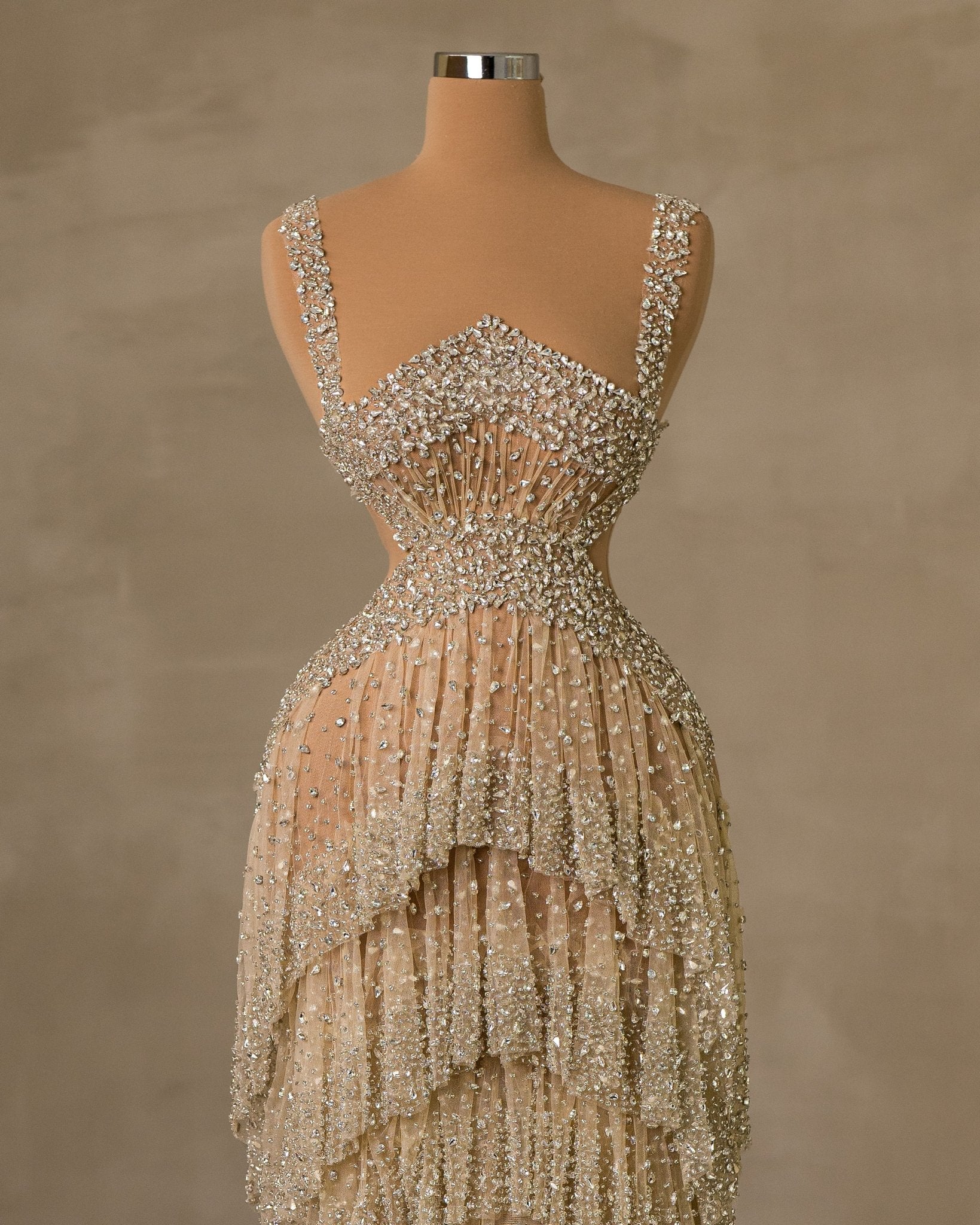 Elegant Thin Straps Dress Adorned with Sparkling Stone Embellishments