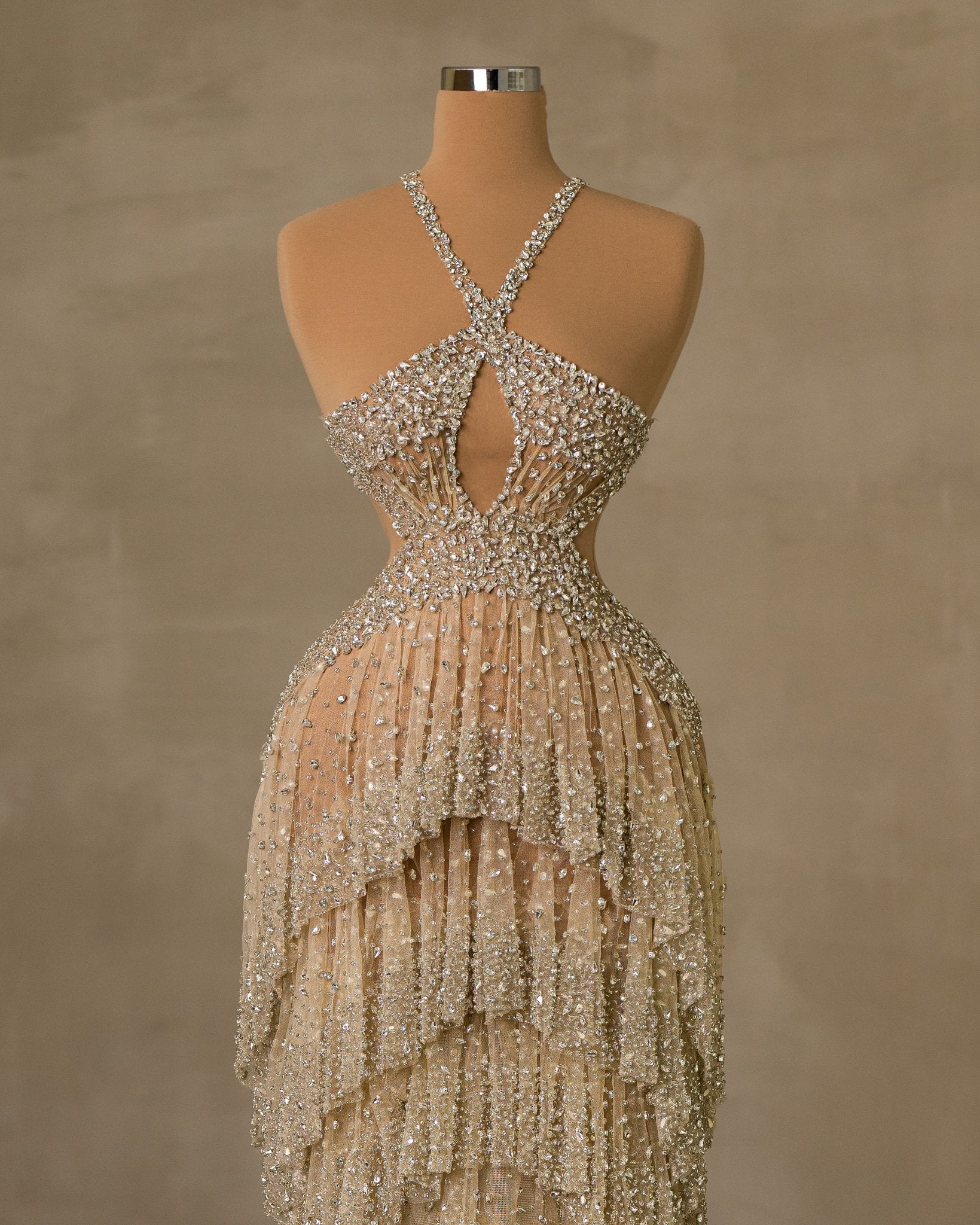 Elegant Twist Neckline Dress Adorned with Sparkling Stone Embellishments