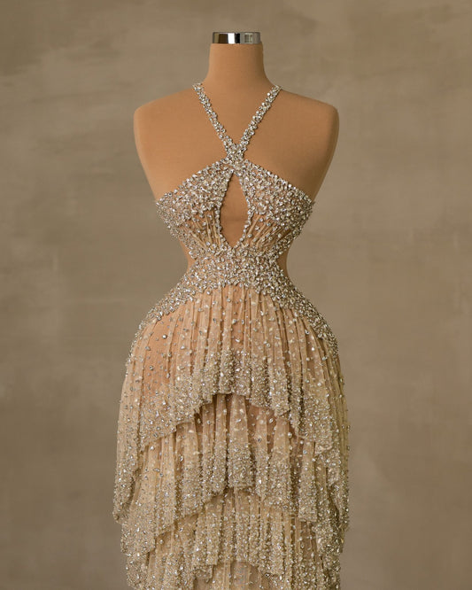 Elegant Twist Neckline Dress Adorned with Sparkling Stone Embellishments