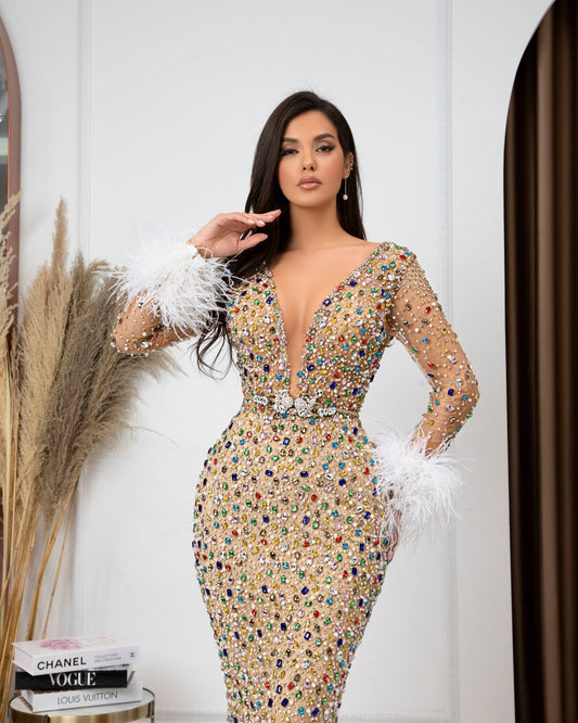 Bellina Deep V Neckline Dress with Dazzling Embellishments - Blini Fashion House