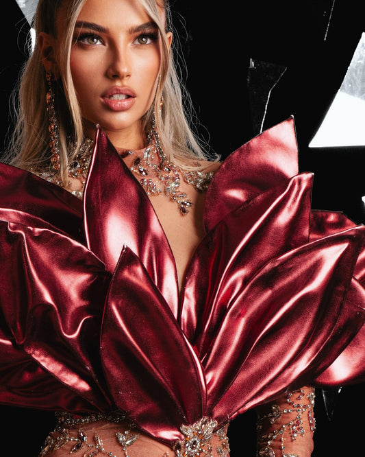 Close-up of exquisite stone embellishments on couture dress