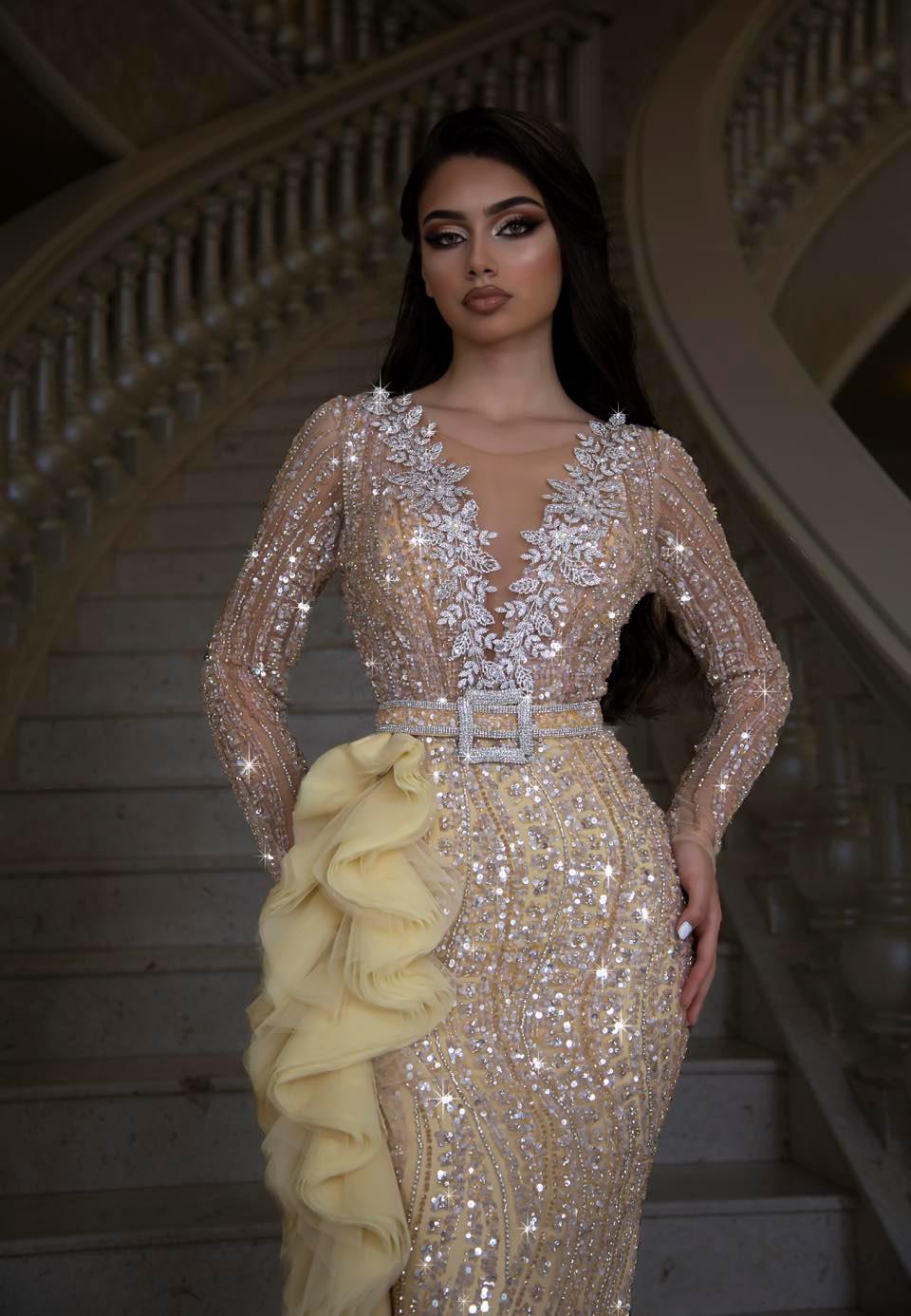 Berna Deep V-Neckline Dress with Shimmering Embellishments - Blini Fashion House