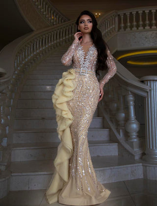 Berna Deep V-Neckline Dress with Shimmering Embellishments - Blini Fashion House