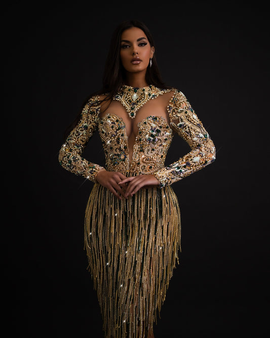 Blanka Shiny Tassel Dress with Deep Slit - Blini Fashion House