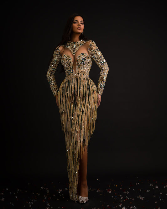 Blanka Shiny Tassel Dress with Deep Slit - Blini Fashion House