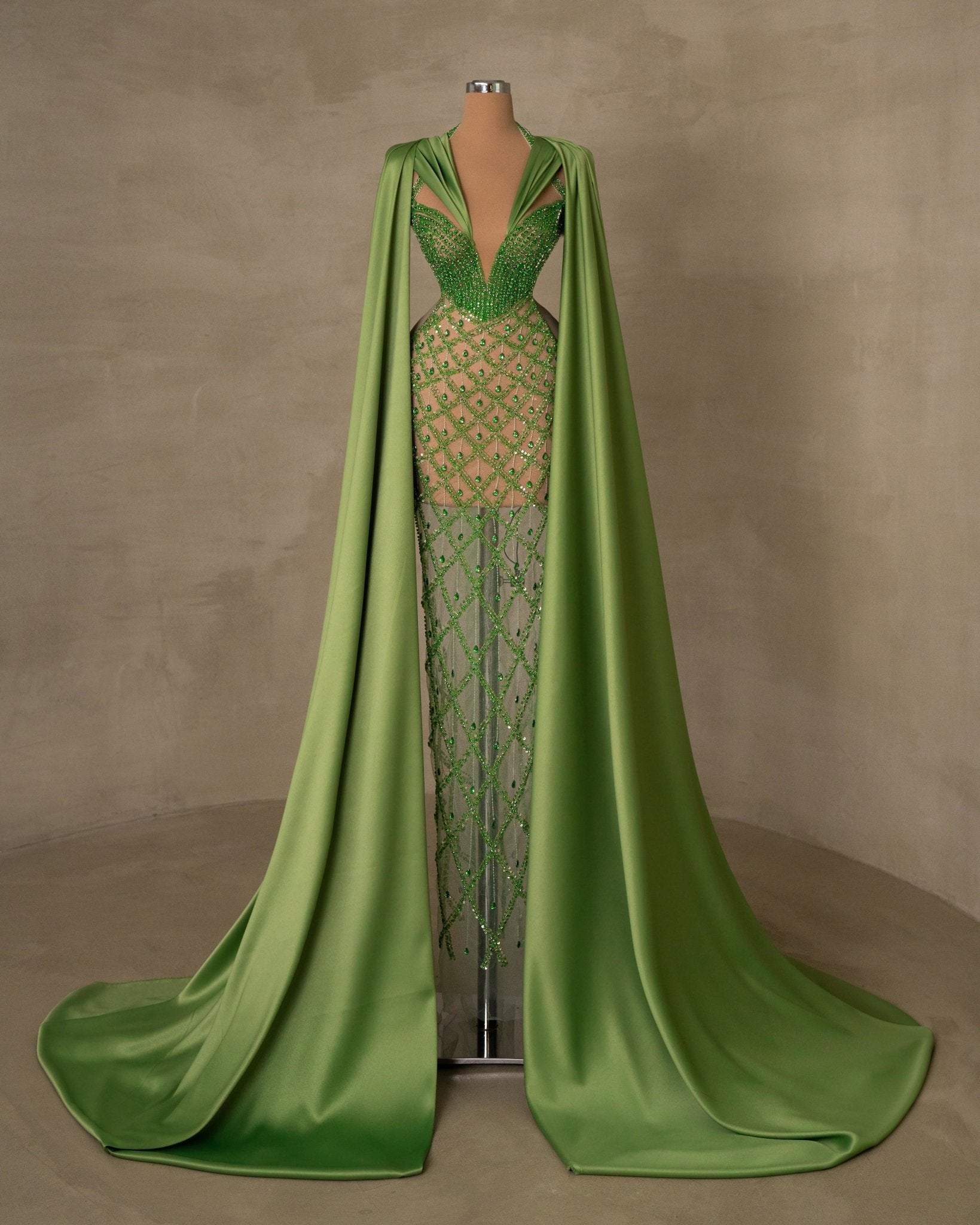 Green Dress Cape and Gemstones Blini Fashion House