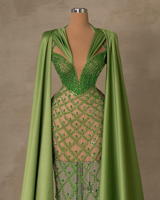 Close-Up of Gemstone-Adorned Cape Dress