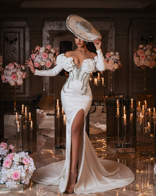 White Satin Bridal Dress with Off-the-Shoulder Design
