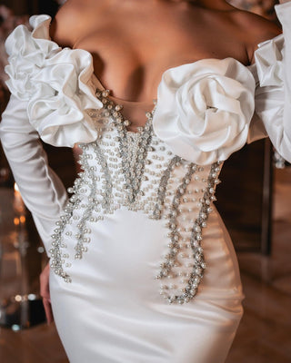 Detailed Bodice of White Satin Bridal Dress with 3D Flower