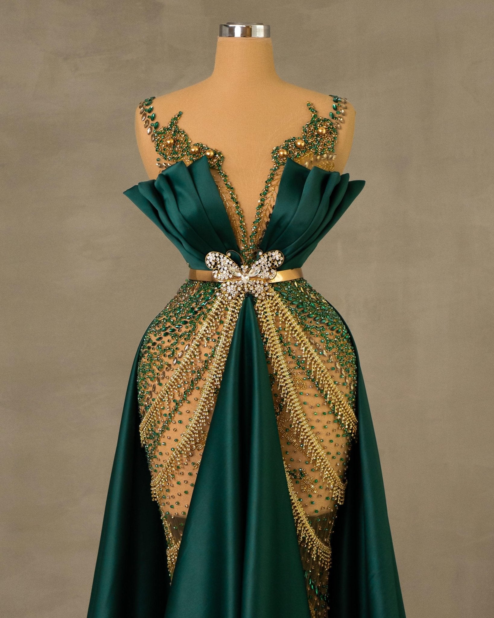 Close-Up of Gold and Green Embellished Details on Sleeveless Dress