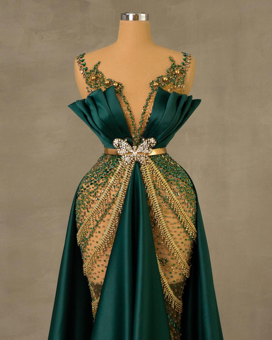 Close-Up of Gold and Green Embellished Details on Sleeveless Dress