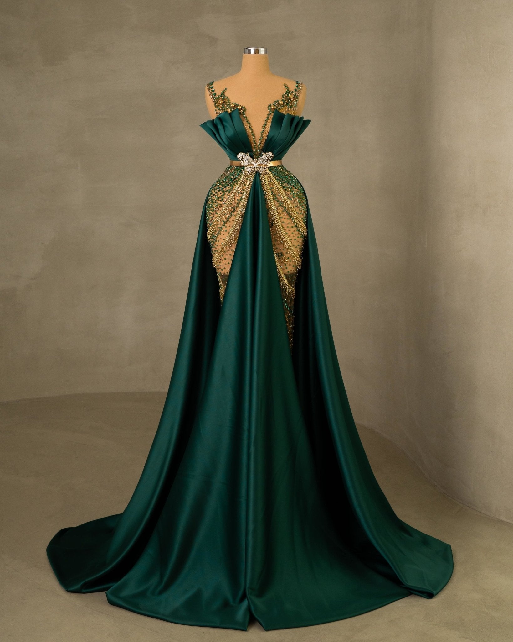 Sleeveless Dress with Gold and Green Embellishments - Front View