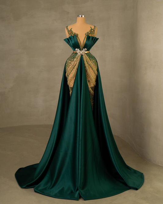 Sleeveless Dress with Gold and Green Embellishments - Front View