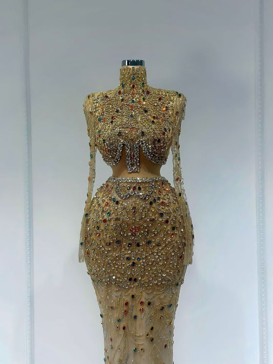 Blissy High Neck Stone Embellished Dress - Blini Fashion House