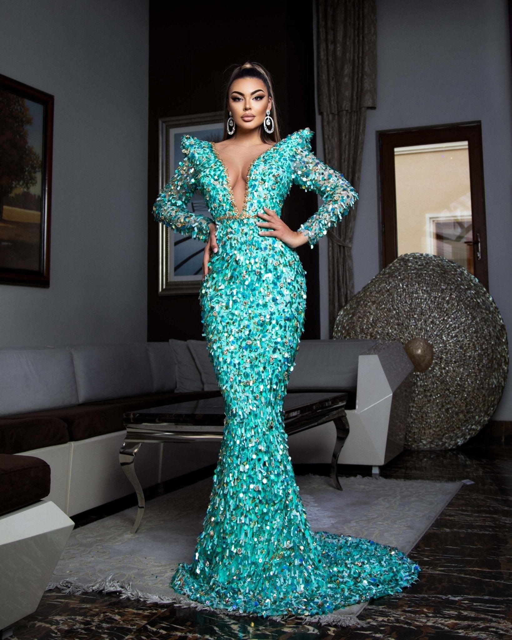 Blue Vite Sparkling Sequins V Neck Dress - Blini Fashion House