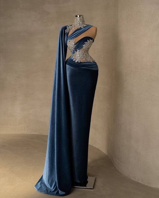 Long Velvet Dress Embellished with Silver Embellishments