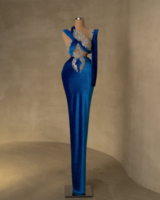 Classy Blue Velvet Long Dress with Stones