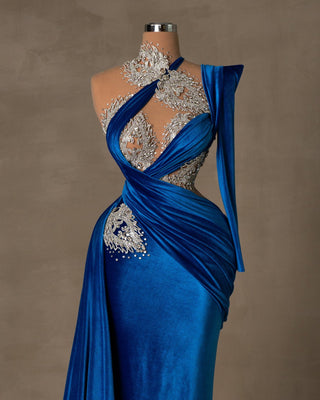 One Shoulder Velvet Blue Dress
