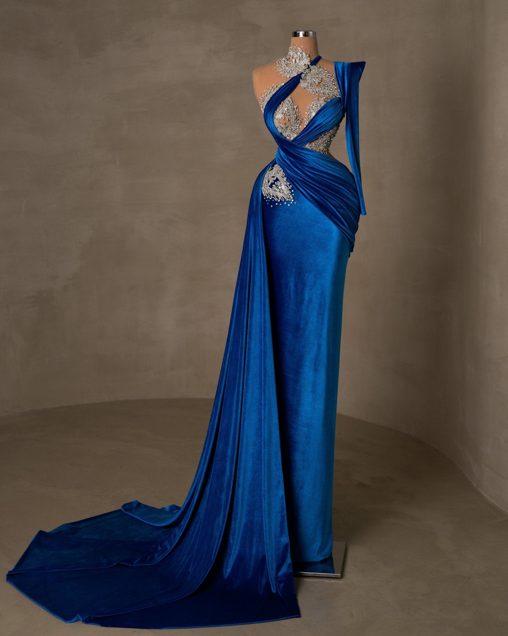 Elegant Haute Couture Velvet Blue Dress
