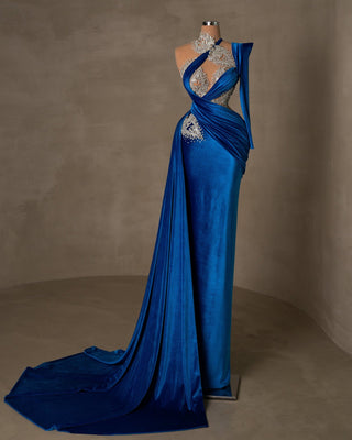 Elegant Haute Couture Velvet Blue Dress