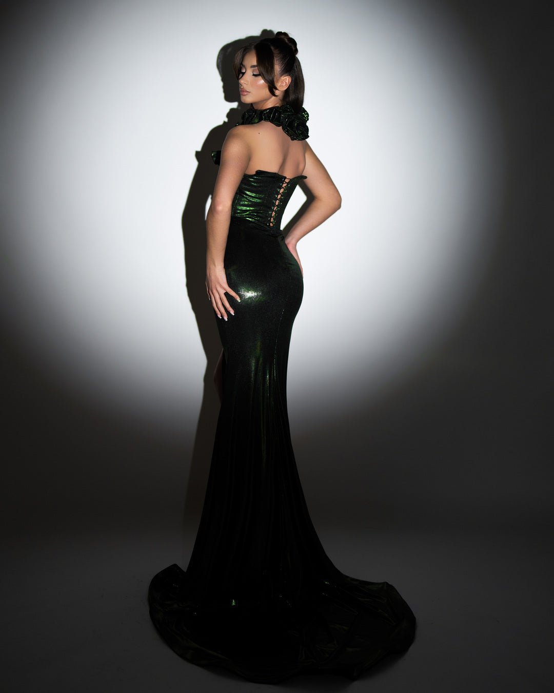 Cross Neck Green Dress - 3D Flowers and Shimmering Fabric