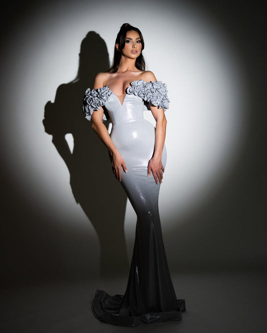 Elegant Long Silver Dress with Off-Shoulder Design - Shimmering Fabric