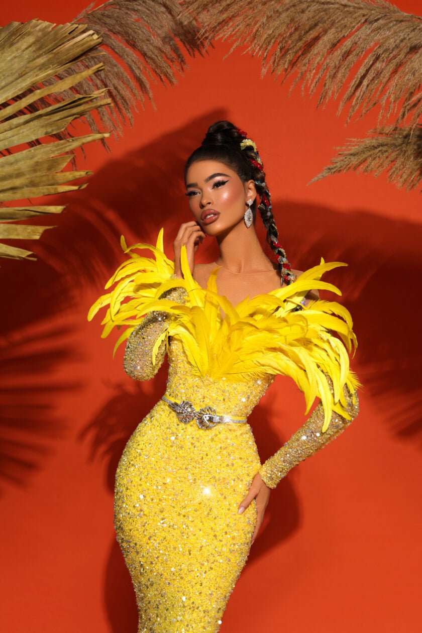 Bucket Orchid Off-Shoulder Dress with a Flowing and Sparkling Design - Blini Fashion House