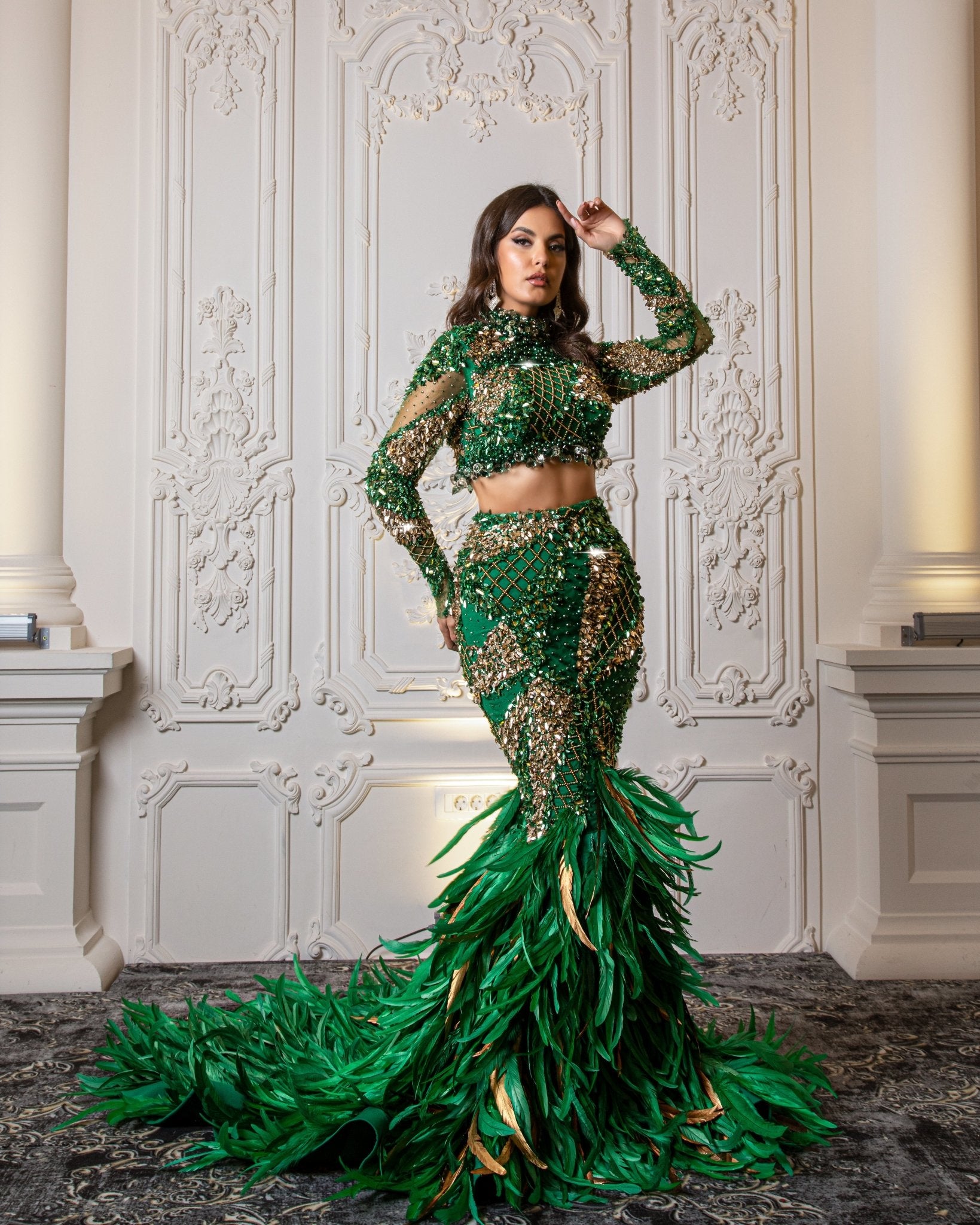 Cactus Two Piece Dress Adorned with Stones and Feathers - Blini Fashion House