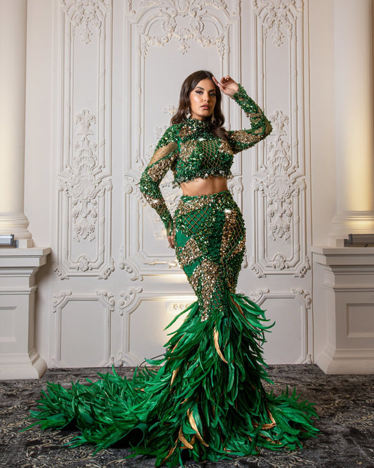 Cactus Two Piece Dress Adorned with Stones and Feathers - Blini Fashion House