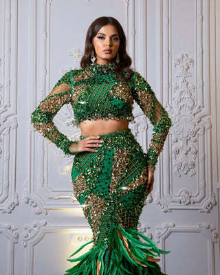 Cactus Two Piece Dress Adorned with Stones and Feathers - Blini Fashion House