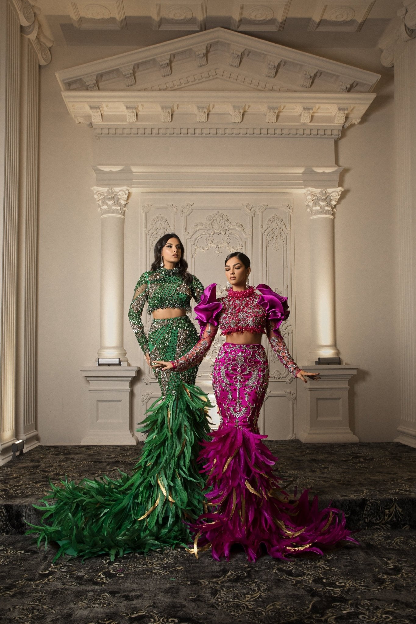 Cactus Two Piece Dress Adorned with Stones and Feathers - Blini Fashion House