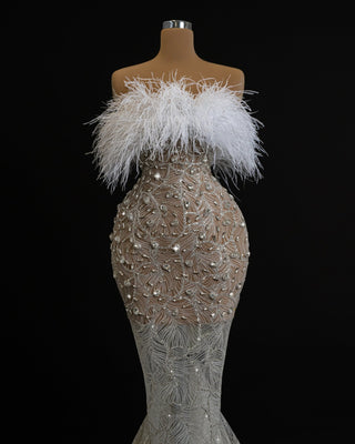 Calantha Sleeveless Bridal Dress with Delicate Feathers and Stones - Blini Fashion House