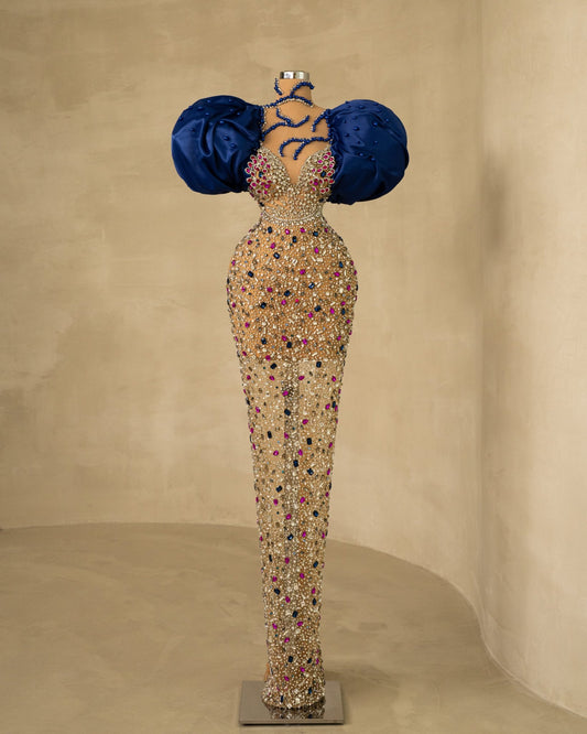 Elegant Puff Sleeve Dress with Delicate Stones: Elevate your attire with this stylish dress, gracefully adorned with intricate stone embellishments on the sleeves.