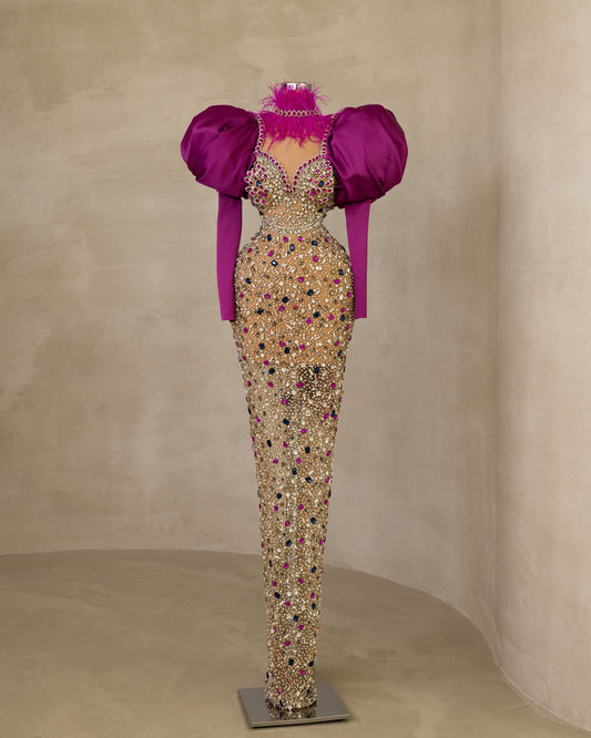 Glamorous Stone Embellished Puff Sleeve Dress: Elevate your look with this high neck dress, boasting luxurious puff sleeves and intricate stone embellishments.