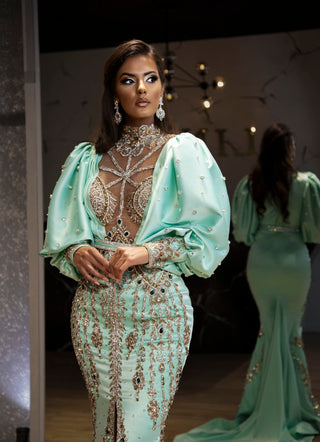 Carmen High-Neck Dress with Voluminous Sleeves - Blini Fashion House