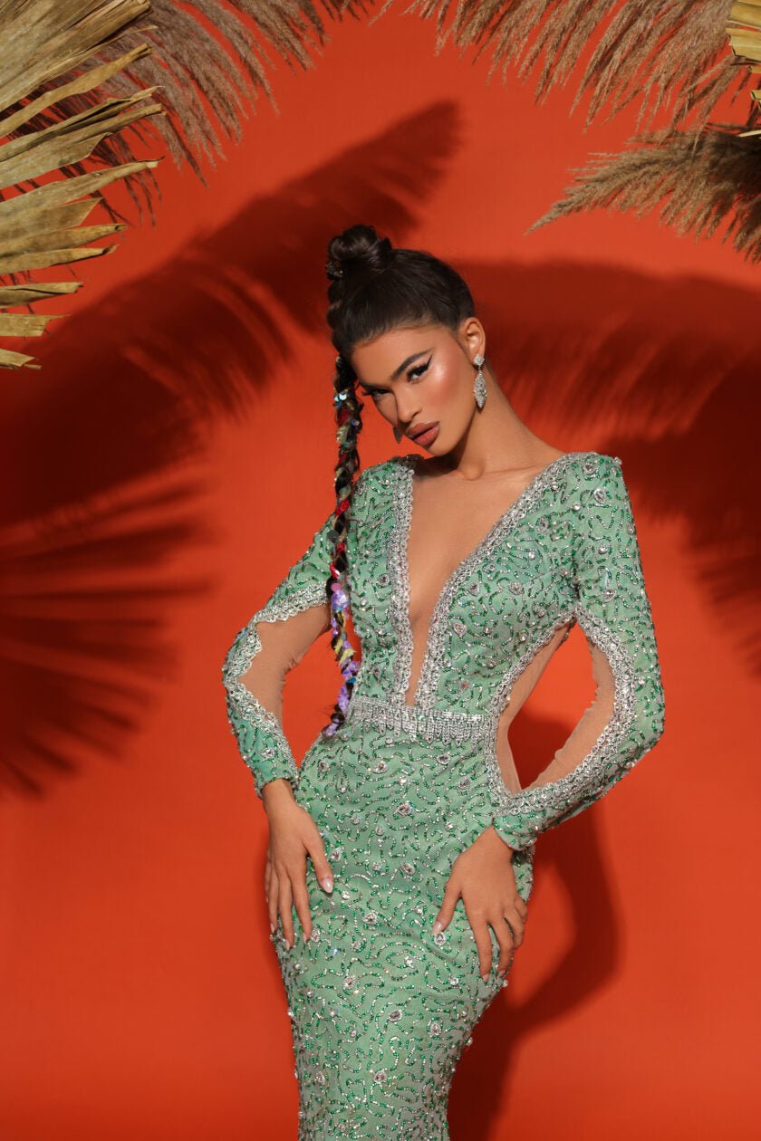 Carnauba Deep V Neckline Sequin Gown - Blini Fashion House