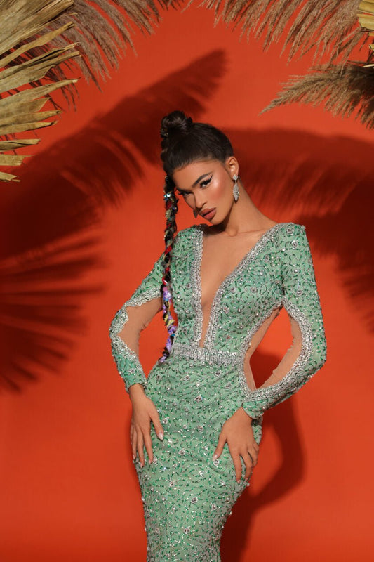 Carnauba Deep V Neckline Sequin Gown - Blini Fashion House