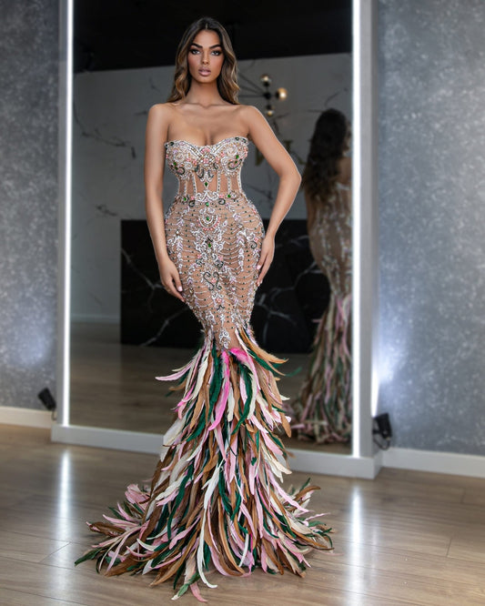 Caroline Feather-Accented Sleeveless Gown - Blini Fashion House