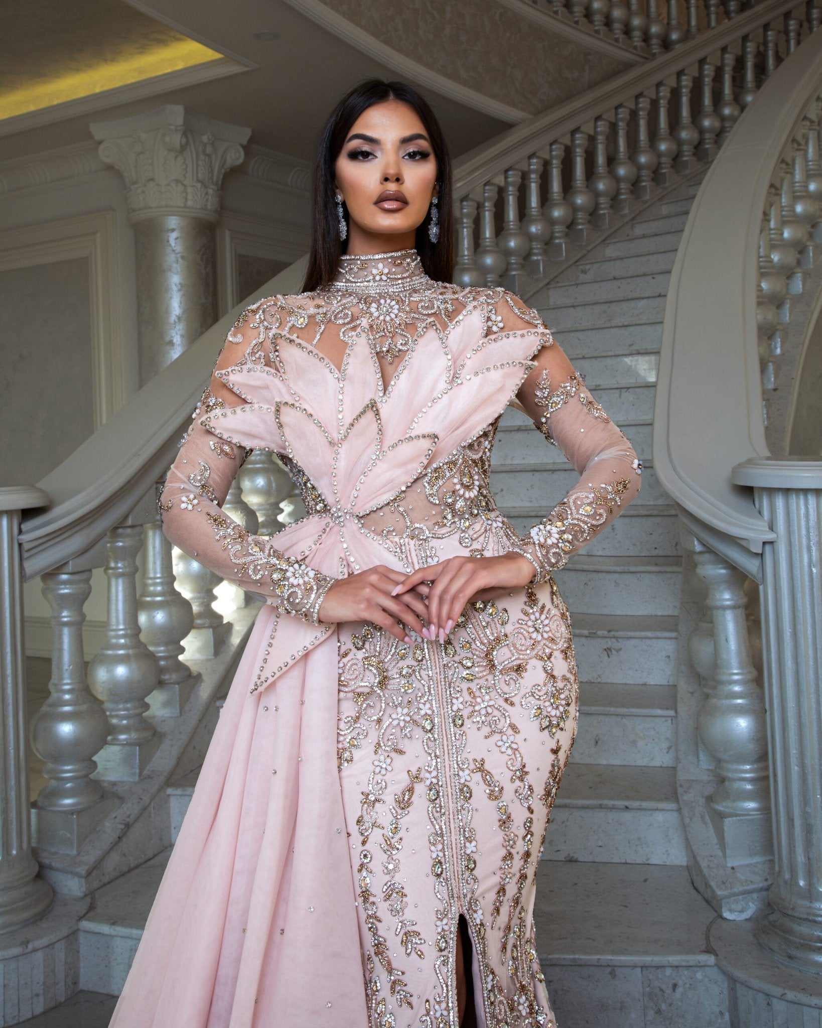 Cartie Sparkling Crystal-Embellished Gown with Side Tail - Blini Fashion House