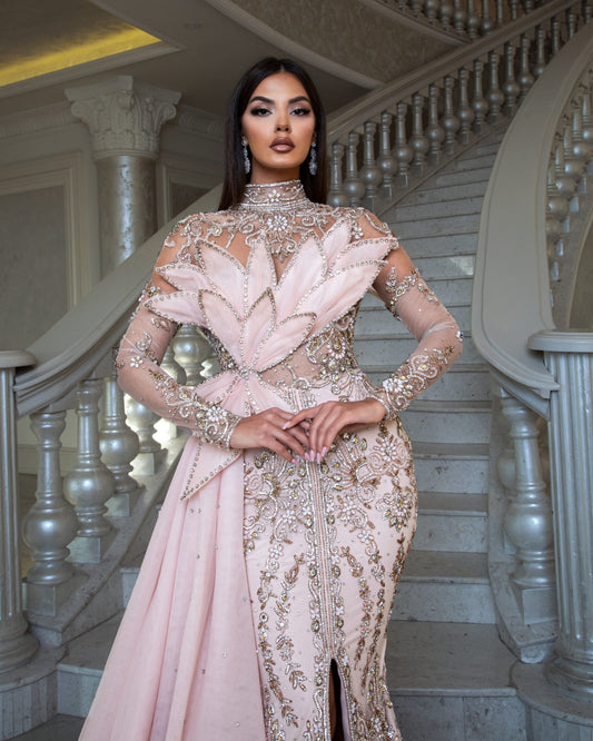 Cartie Sparkling Crystal-Embellished Gown with Side Tail - Blini Fashion House