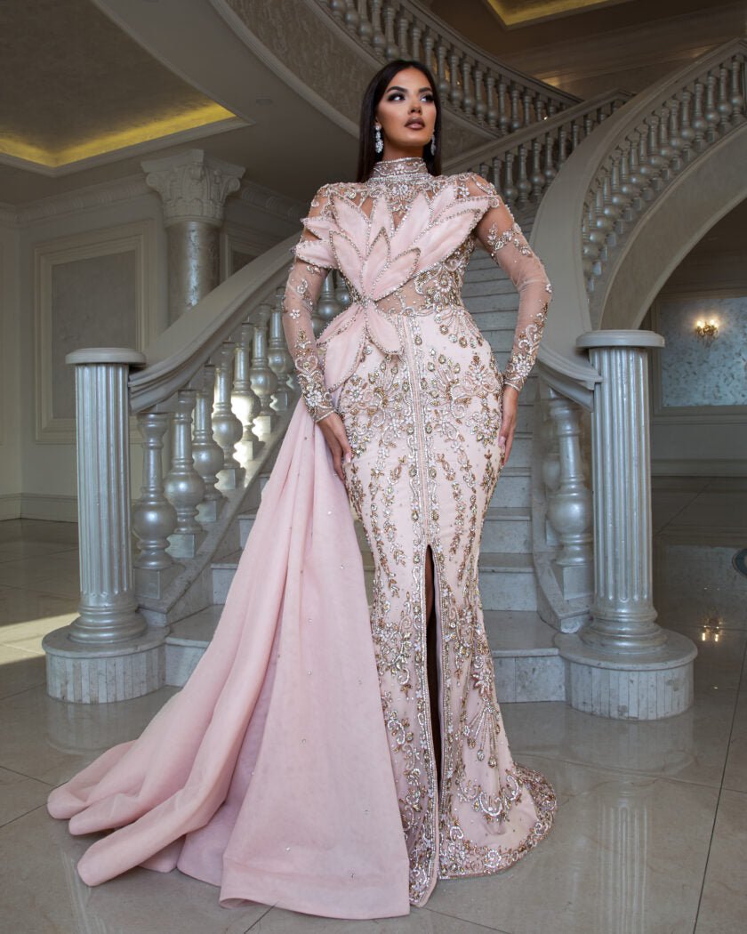 Cartie Sparkling Crystal-Embellished Gown with Side Tail - Blini Fashion House