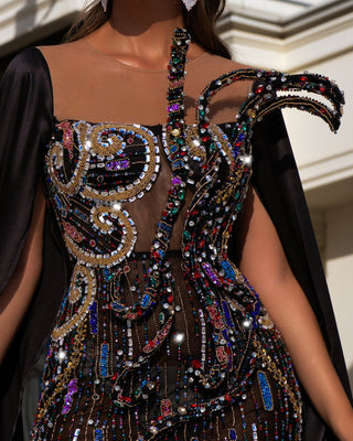 Close-up of Black Dress Cape with Exquisite Stone Adornments