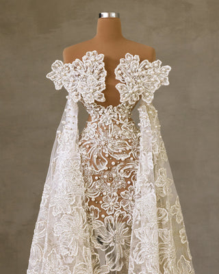 Off Shoulder Bridal Gown with Elegant Side Capes and Pearls