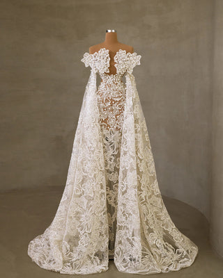 Pearl-Embellished Off Shoulder Wedding Dress with Graceful Capes