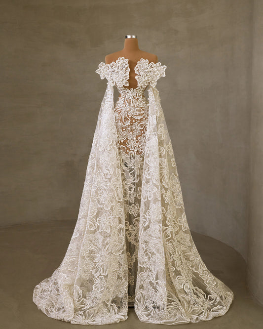 Pearl-Embellished Off Shoulder Wedding Dress with Graceful Capes