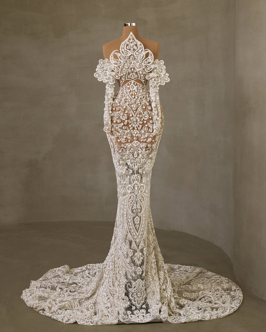 Pearl-Embellished Off Shoulder Wedding Dress