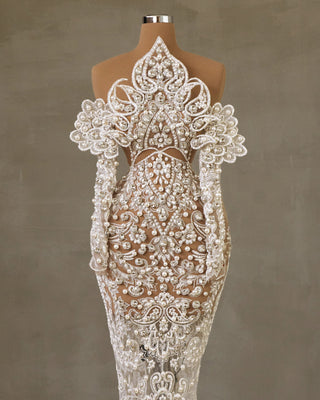 Off Shoulder Bridal Gown Adorned with Elegant Pearls