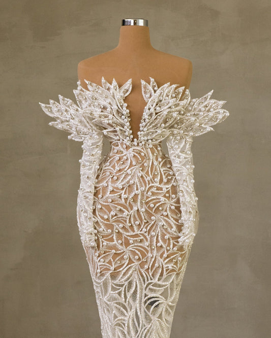 Gorgeous Off-Shoulder Wedding Gown with Pearl Embellishments