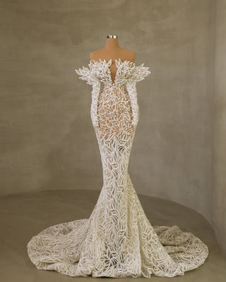 Elegant Bridal Dress featuring Off-Shoulder Design and Pearls
