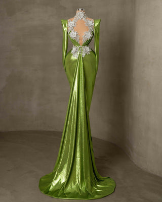 Long Sleeve Light Green Evening Gown with Shimmering Fabric